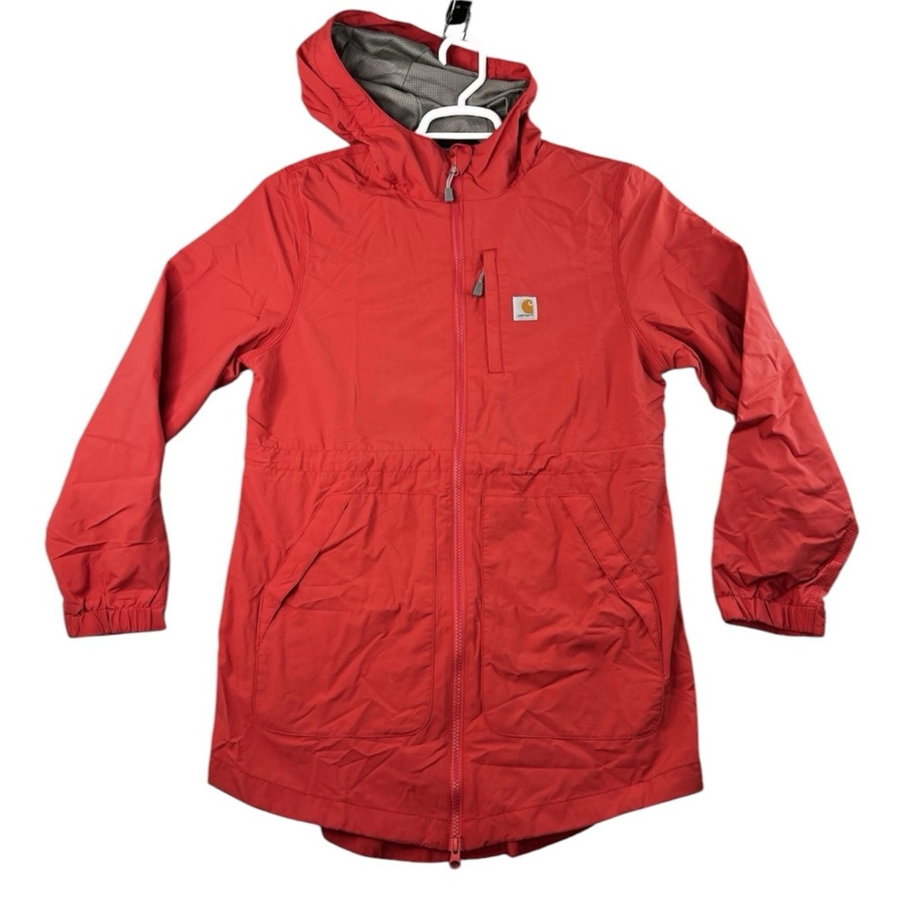 Carhartt Womens Windbreaker Jacket Pink Pockets Mesh Hooded Relaxed Fit S 4-6